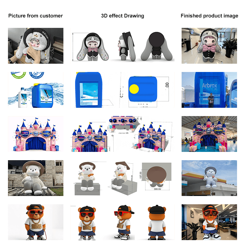 Custom inflatable production flow collage: customer reference picture, 3D design renderings and finished inflatable products