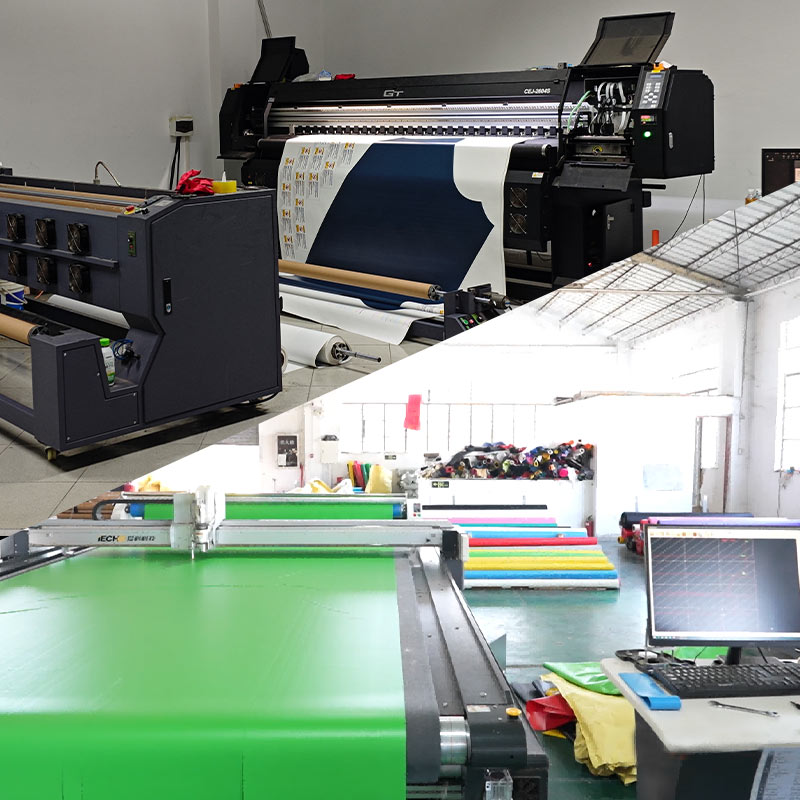 Collage of advanced factory printing and cutting machines for custom inflatable material production