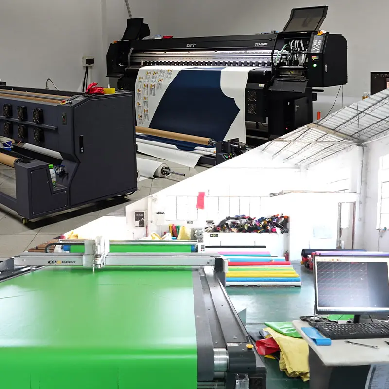 Collage of advanced factory printing and cutting machines for custom inflatable material production