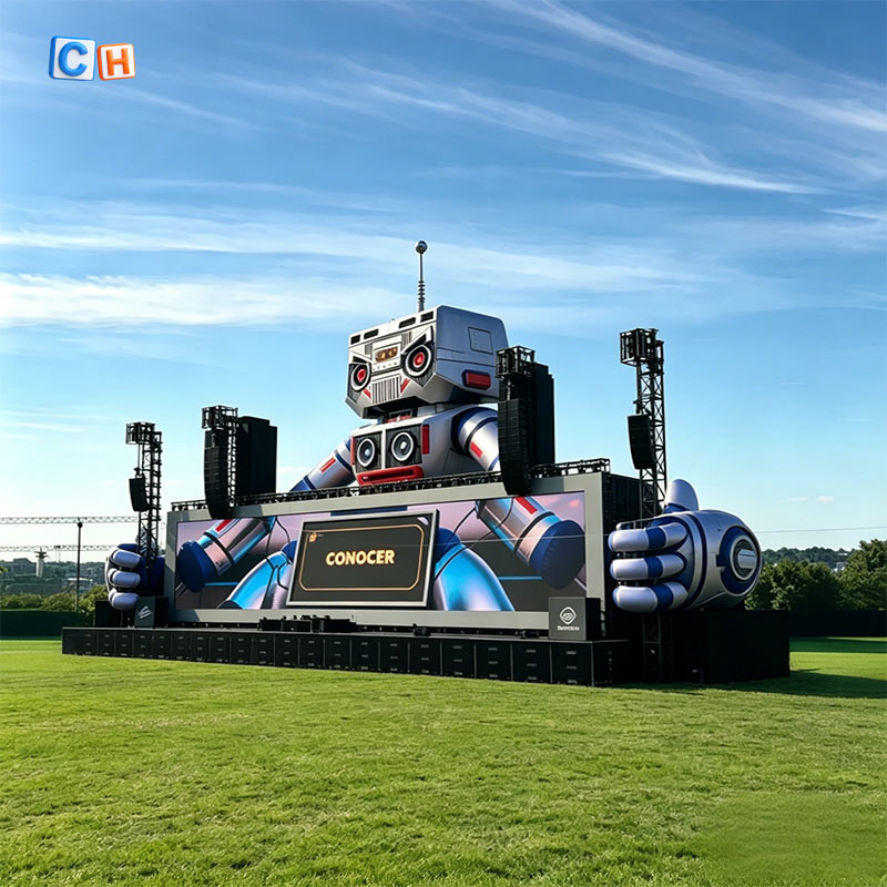 Oversized inflatable robot stage backdrop for outdoor music festival events